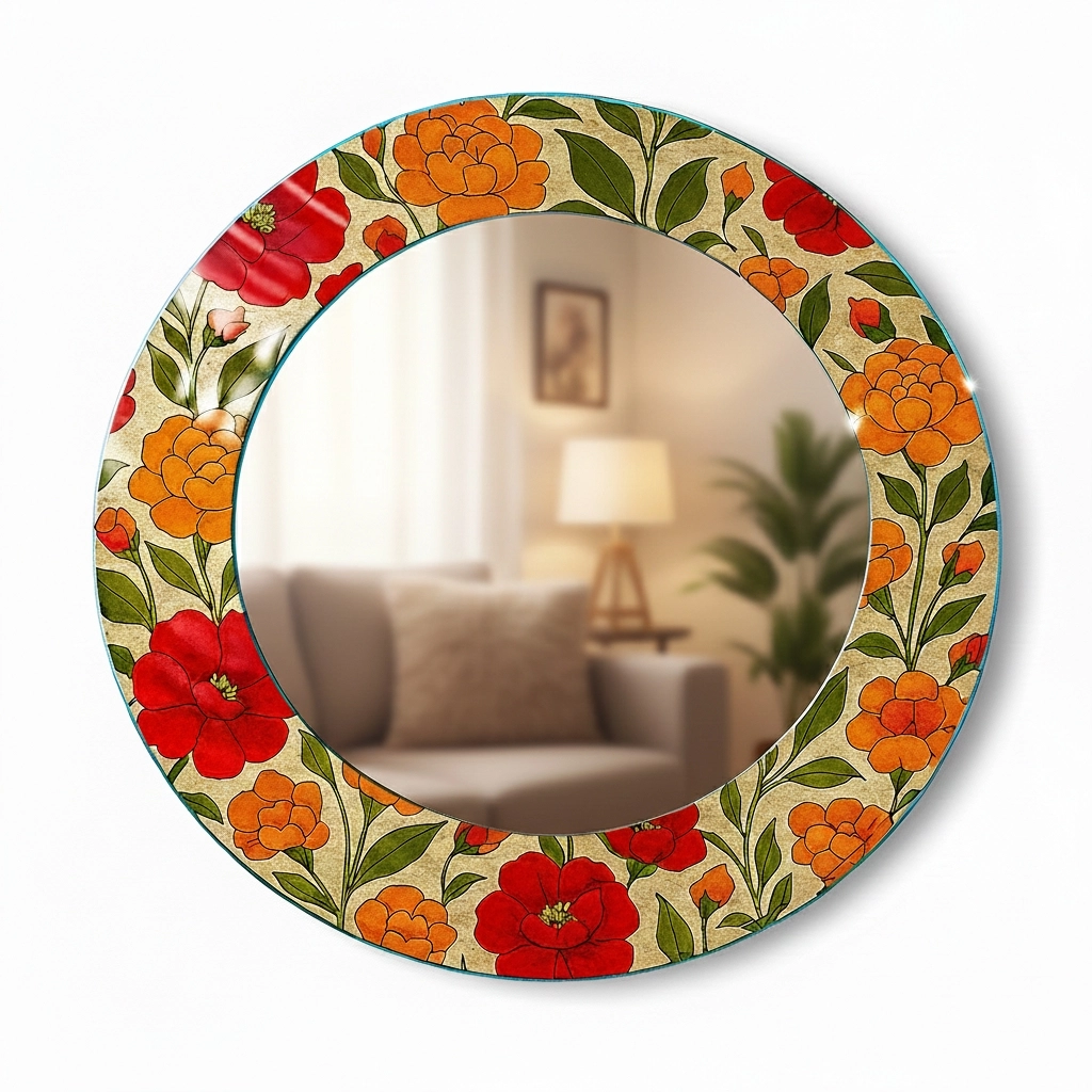 Turuncu Çiçekli Yuvarlak Ayna