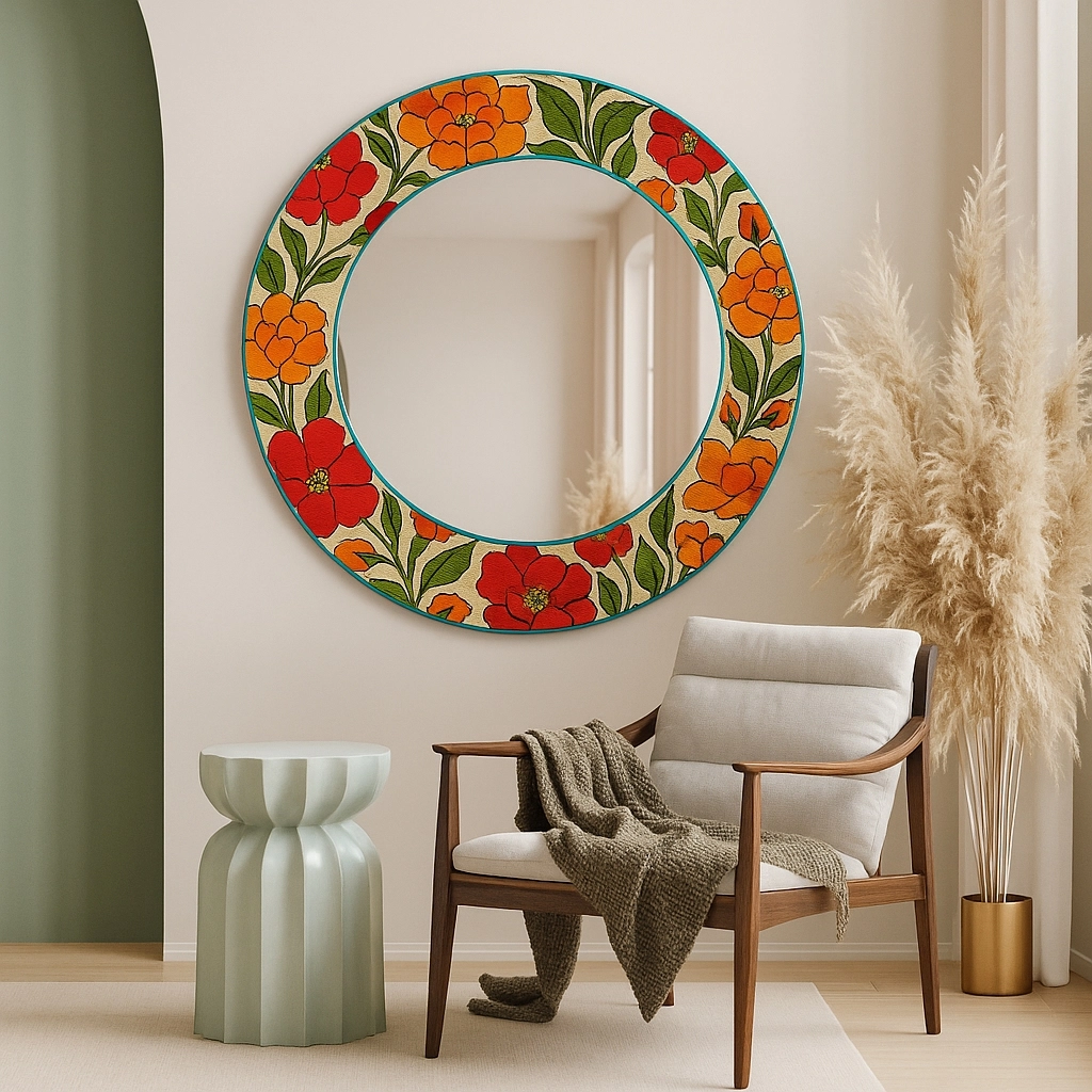 Turuncu Çiçekli Yuvarlak Ayna