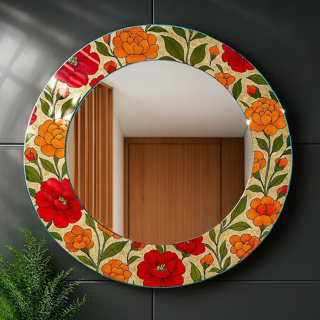 Turuncu Çiçekli Yuvarlak Ayna