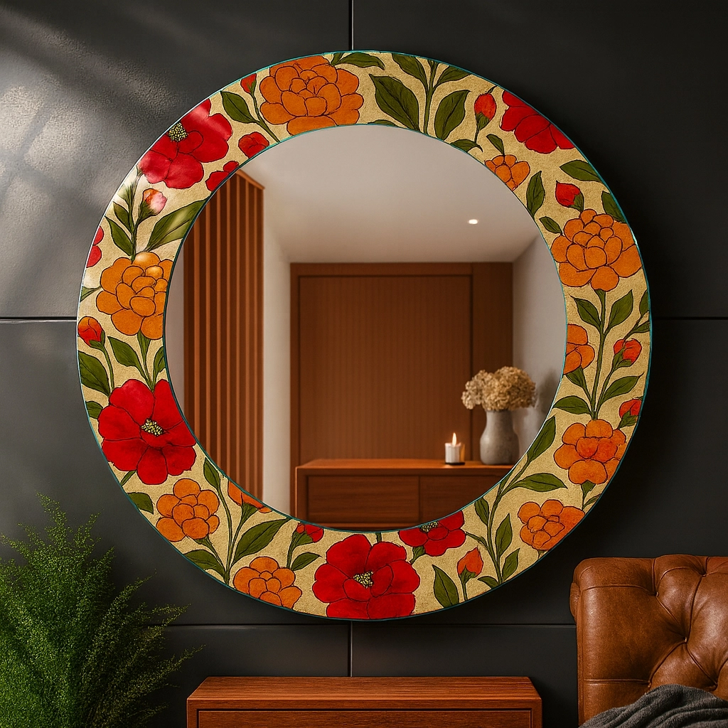 Turuncu Çiçekli Yuvarlak Ayna