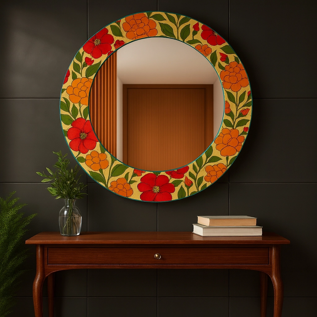 Turuncu Çiçekli Yuvarlak Ayna