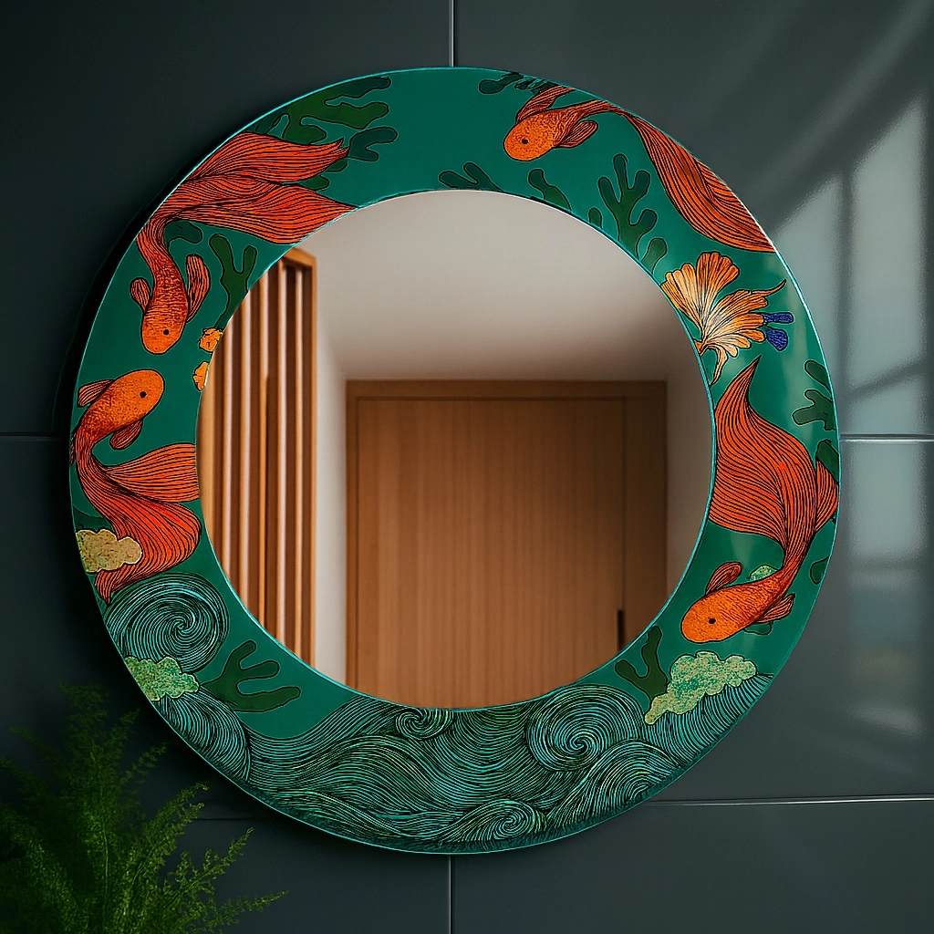 Japon Balıklı Yuvarlak  Ayna