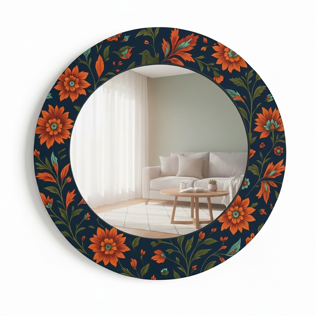 Kırmızı Çiçekli Yuvarlak Ayna