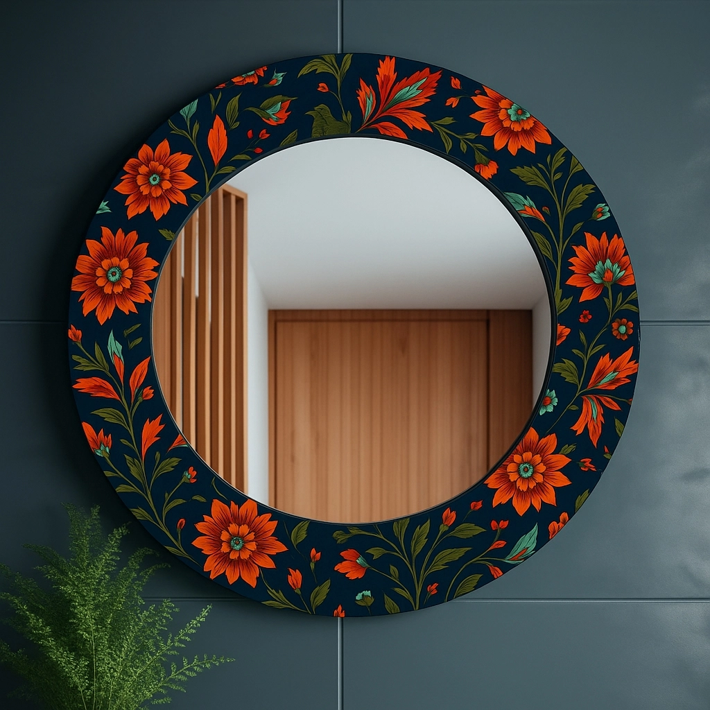 Kırmızı Çiçekli Yuvarlak Ayna