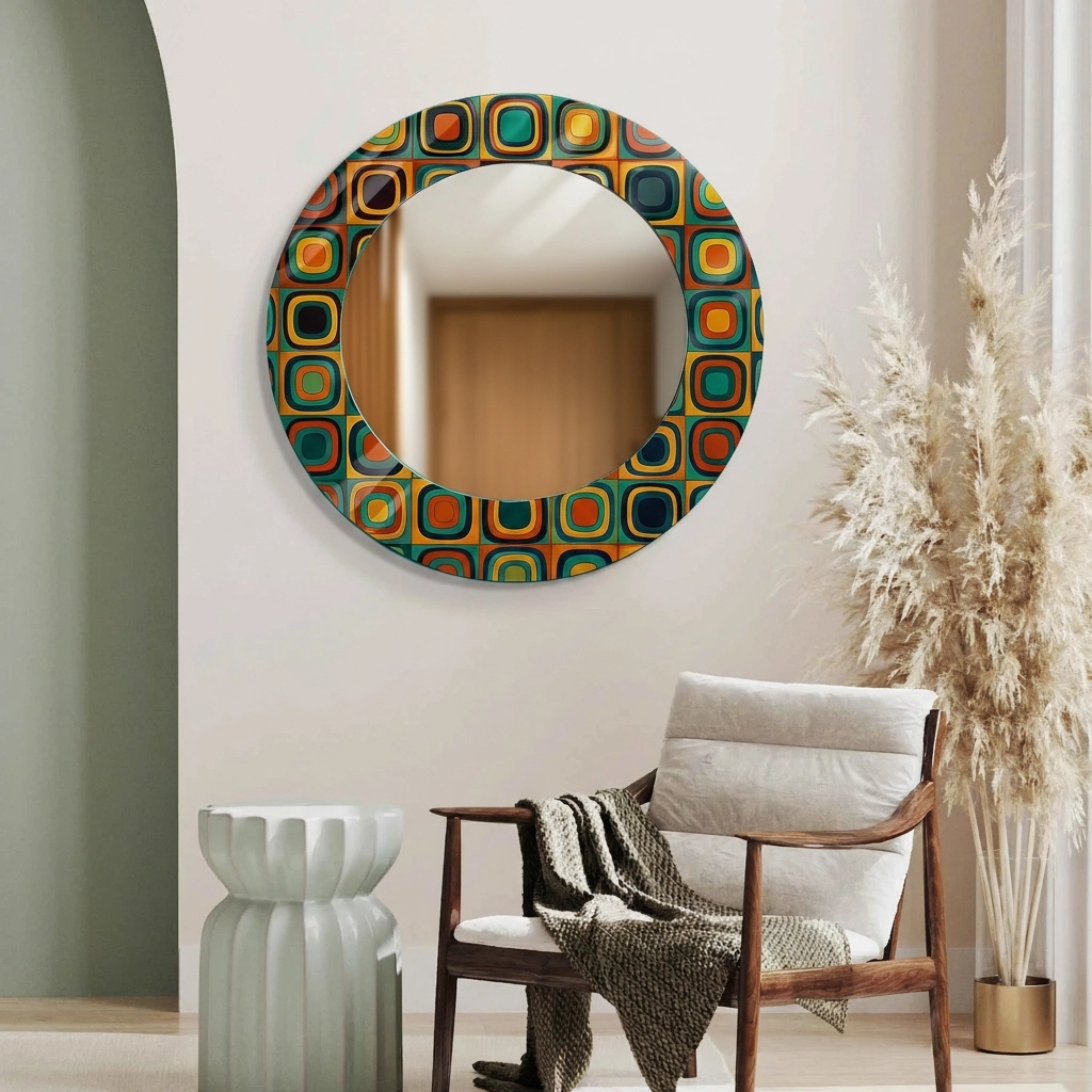 Kare Desenli Yuvarlak Ayna