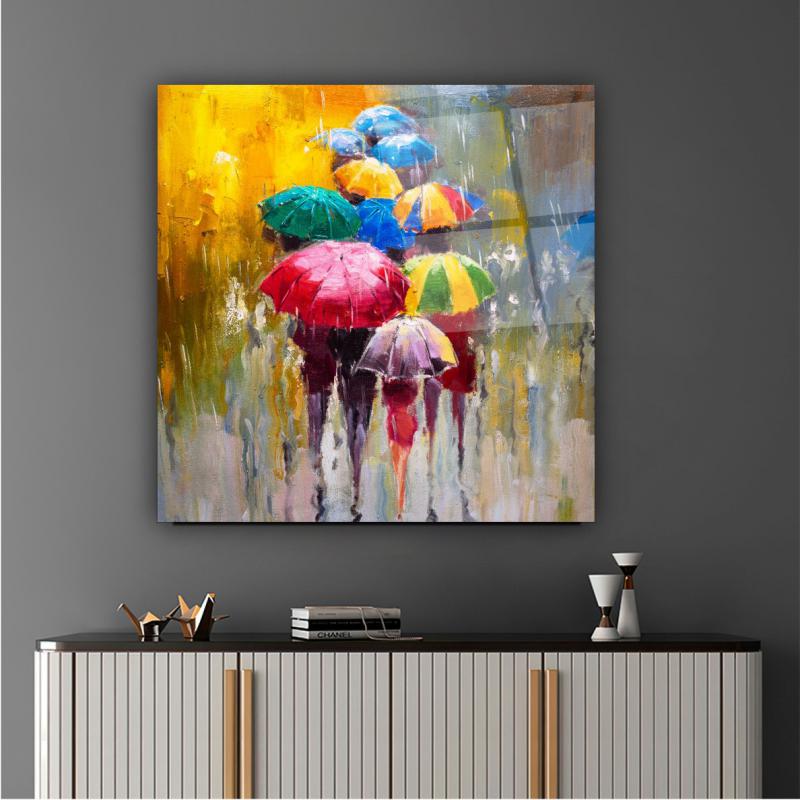 Renkli Şemsiyeler Cam Tablo