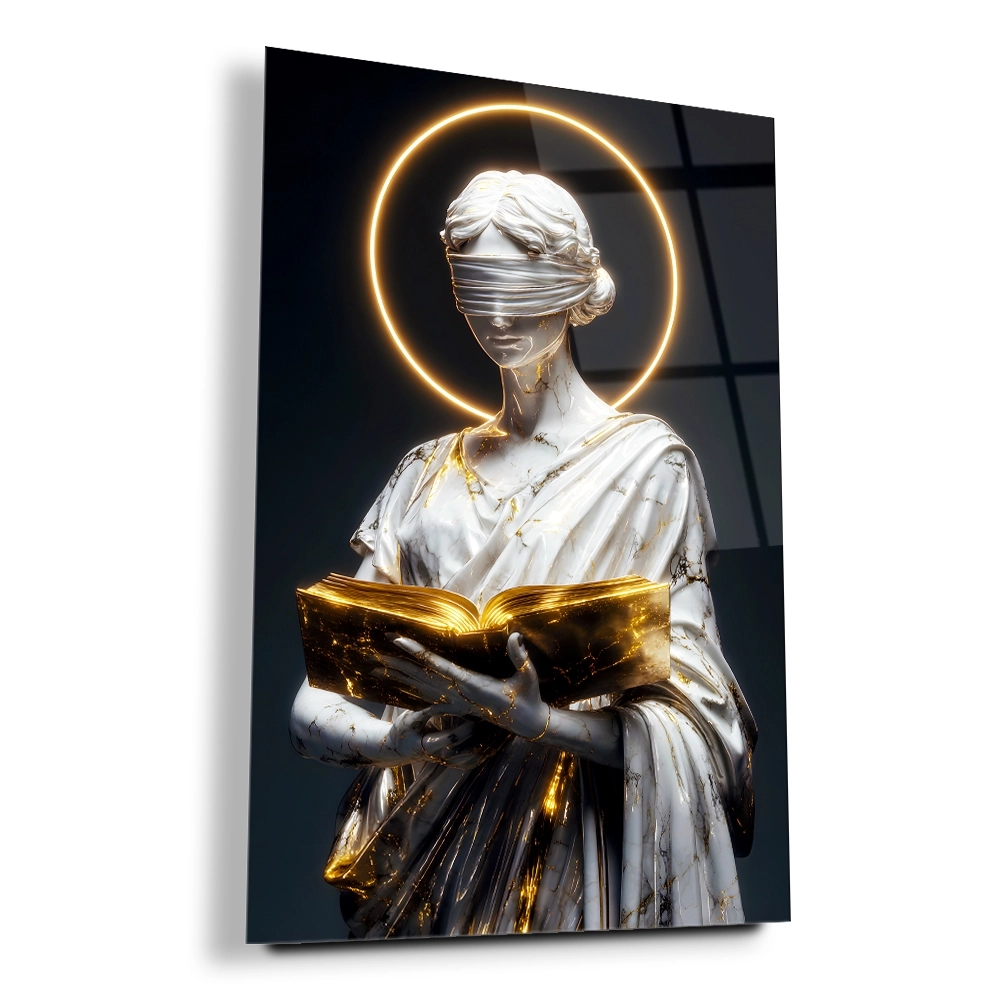 Adalet Temalı Altın Kitaplı Heykel Cam Tablo