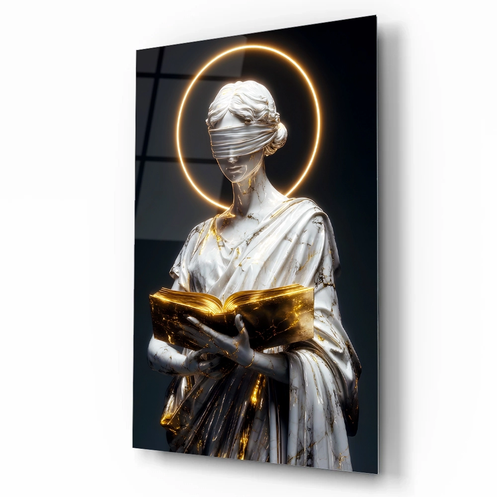 Adalet Temalı Altın Kitaplı Heykel Cam Tablo