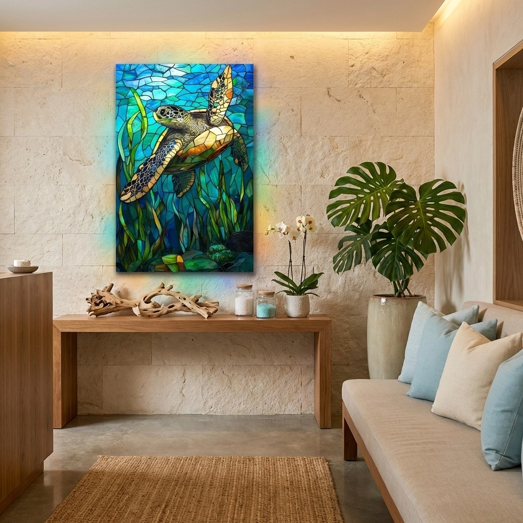 Vitray Görünümlü Kaplumbağa Cam Tablo
