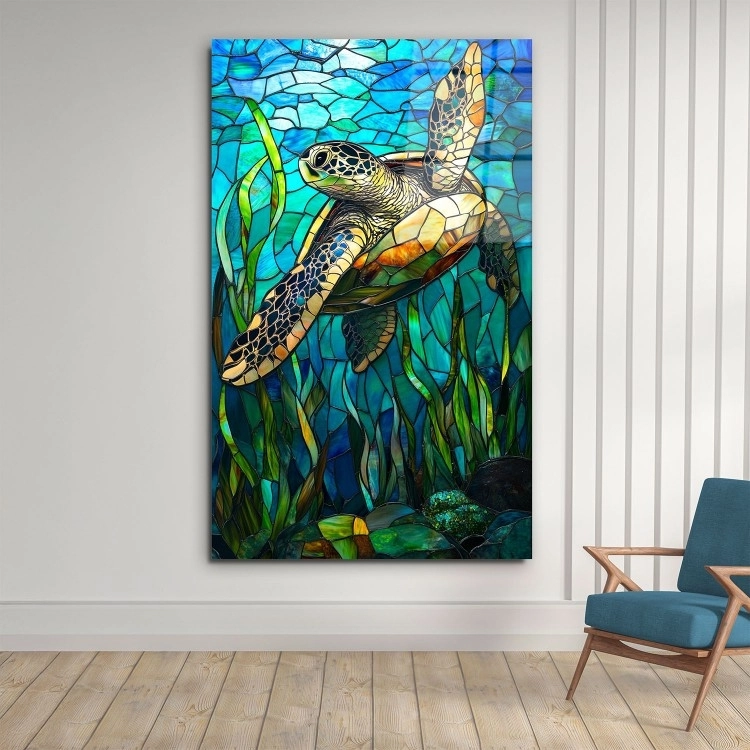 Vitray Görünümlü Kaplumbağa Cam Tablo