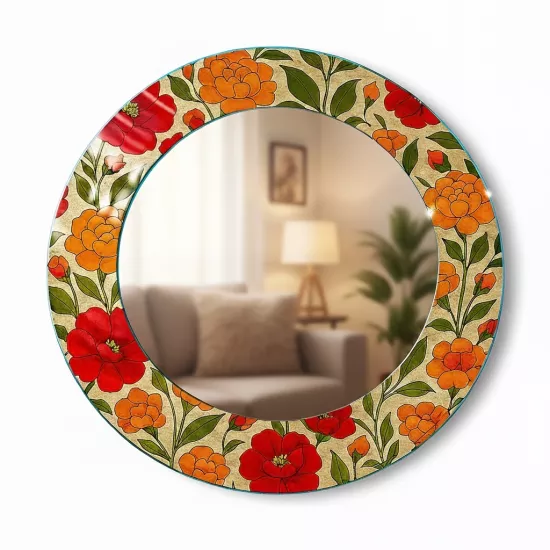 Turuncu Çiçekli Yuvarlak Ayna