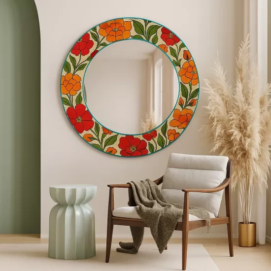 Turuncu Çiçekli Yuvarlak Ayna