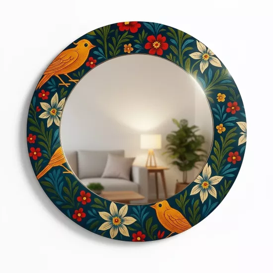 Kuşlu Çiçekli Yuvarlak  Ayna