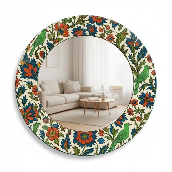 Yeşil Kuşlu Çiçekli Yuvarlak  Ayna