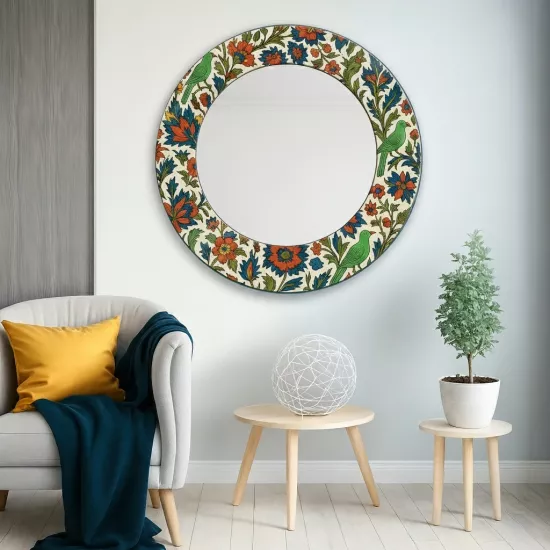 Yeşil Kuşlu Çiçekli Yuvarlak  Ayna
