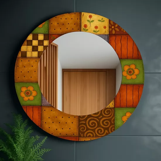 Kahverengi Desenli Yuvarlak  Ayna