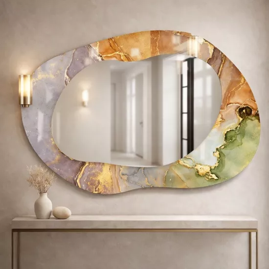Mermer Görünümlü Cam Çerçeveli Şekilli Ayna