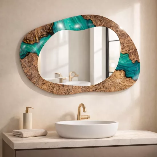 Turkuaz Cam Çerçeveli Şekilli Ayna