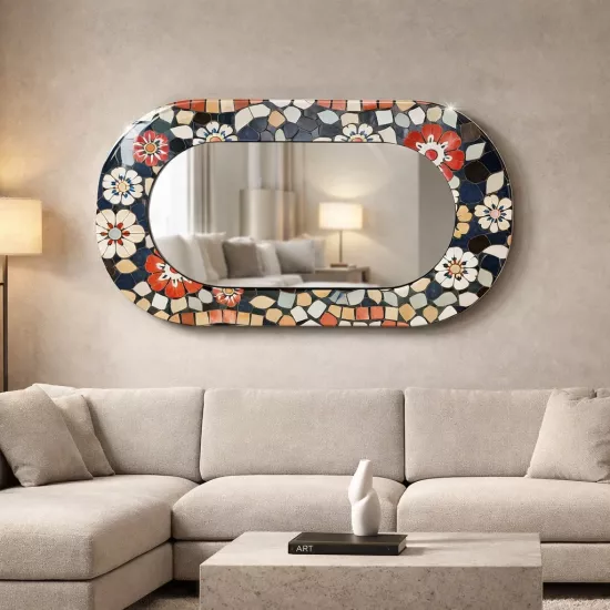 Mozaik Desenli Cam Çerçeveli Oval Ayna