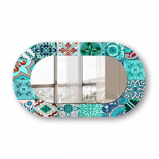 Karo Desenli Mavi Cam Çerçeveli Oval Ayna