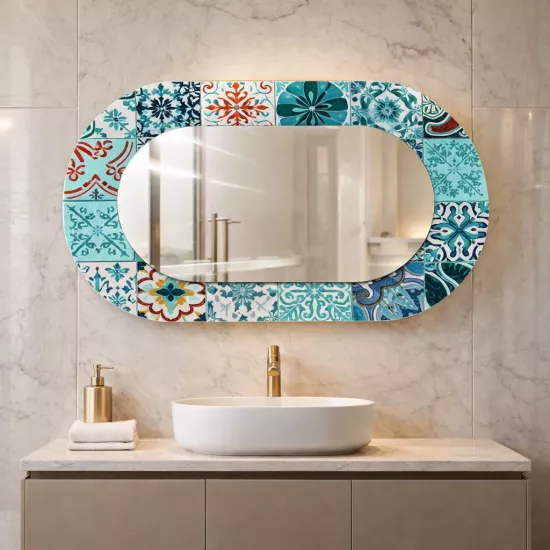 Karo Desenli Mavi Cam Çerçeveli Oval Ayna