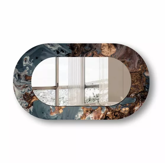 Mermer Görünümlü Baskılı Cam Çerçeveli Oval Ayna