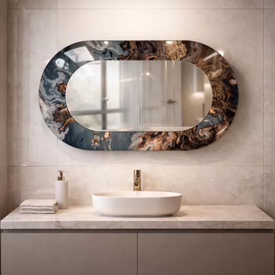 Mermer Görünümlü Baskılı Cam Çerçeveli Oval Ayna