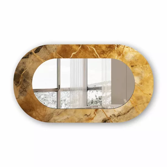 Gold Mermer Görünümlü Cam Çerçeveli Oval Ayna