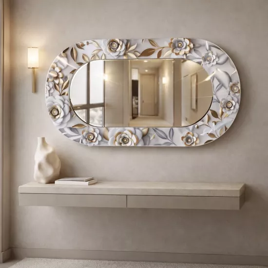 Kabartma Çiçek Görünümlü Cam Çerçeveli Oval Ayna