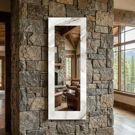 Beyaz Mermer Baskılı Dikey Panoramik Ayna