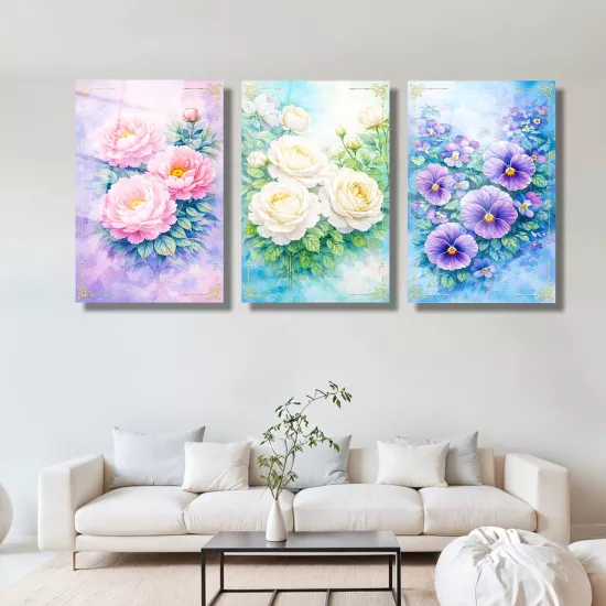 Çiçekli Üçlü Cam Tablo Seti