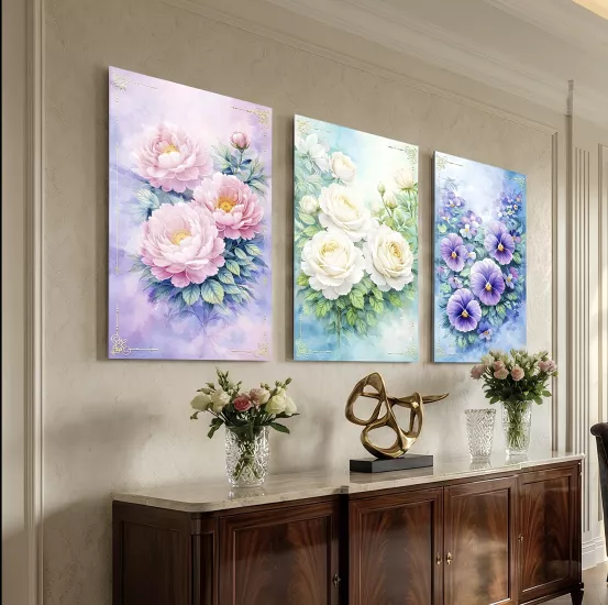 Çiçekli Üçlü Cam Tablo Seti