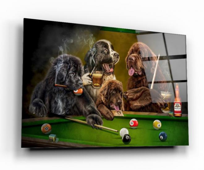 Bilardo ve Köpekler Cam Tablo