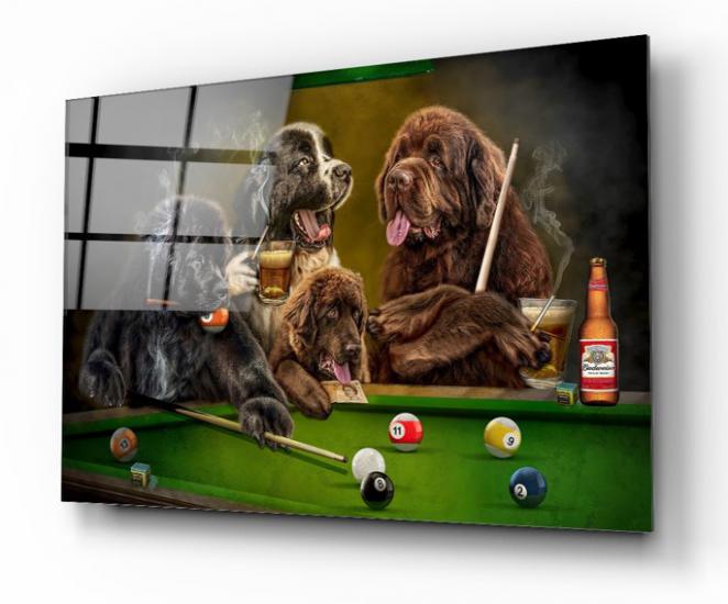 Bilardo ve Köpekler Cam Tablo