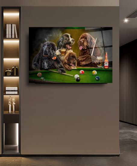 Bilardo ve Köpekler Cam Tablo