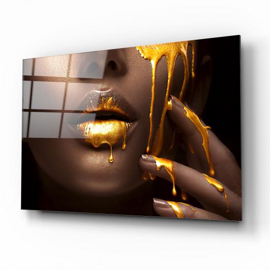 Gold Kadın Dudağı Cam Tablo