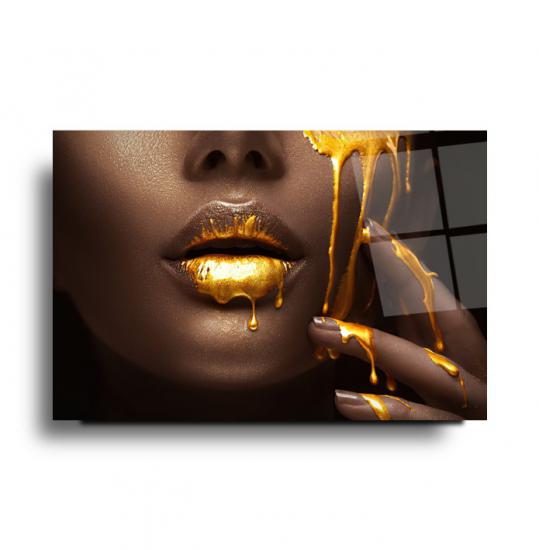 Gold Kadın Dudağı Cam Tablo