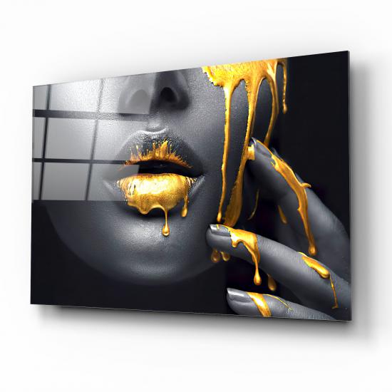 Gold Kadın Dudağı Cam Tablo