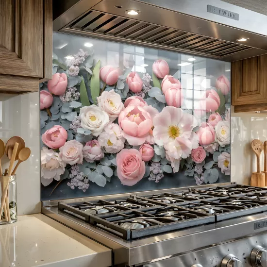 Pembe Çiçekli Ocak Arkası Cam Koruyucu