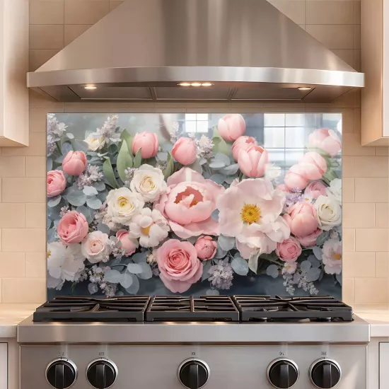 Pembe Çiçekli Ocak Arkası Cam Koruyucu