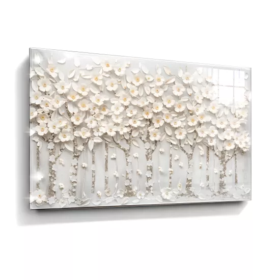 Beyaz Çiçekli Ocak Arkası Cam Koruyucu