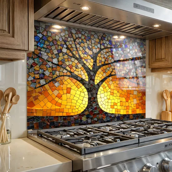 Mozaik Hayat Ağacı Ocak Arkası Cam Koruyucu
