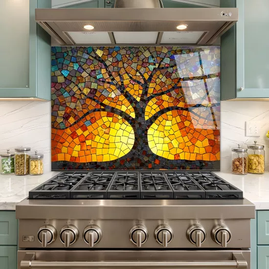 Mozaik Hayat Ağacı Ocak Arkası Cam Koruyucu