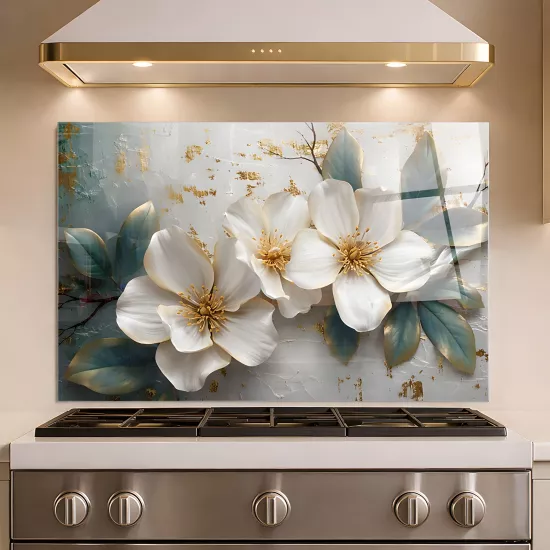 Beyaz Çiçek & Altın Dokunuş Ocak Arkası Cam Koruyucu