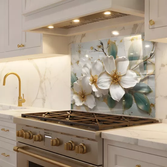 Beyaz Çiçek & Altın Dokunuş Ocak Arkası Cam Koruyucu