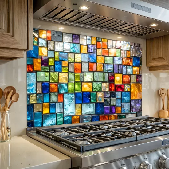 Renkli Mozaik Ocak Arkası Cam Koruyucu