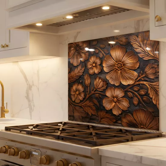 Bakır Çiçekler Ocak Arkası Cam Koruyucu