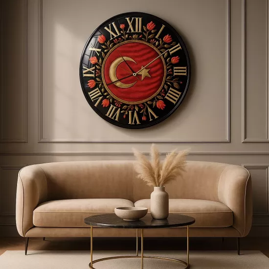 Nakışlı Türk Bayrağı Cam Duvar Saati