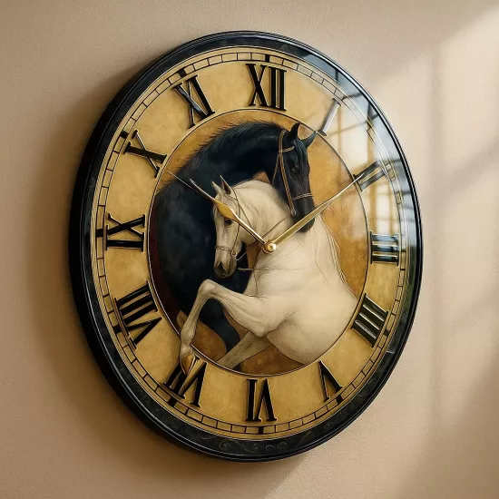 Siyah ve Beyaz Atlar Cam Duvar Saati
