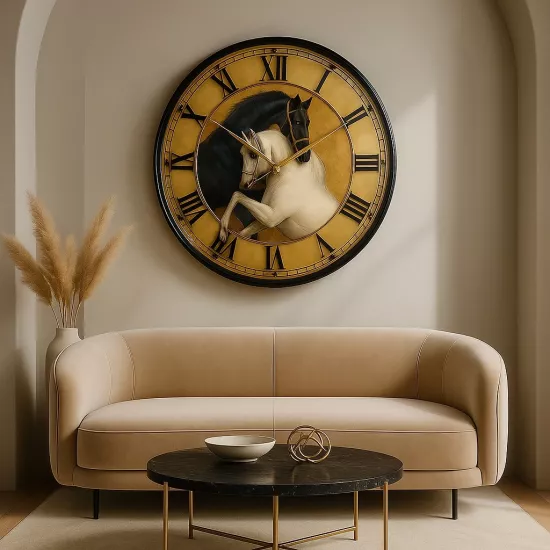 Siyah ve Beyaz Atlar Cam Duvar Saati